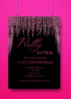 a pink and black birthday party card with streamers on the front, hanging from strings