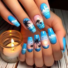 #nails #nailsofinstagram #pressonnails #nailstagram #nailswag #nailsfordays #nailsonfleek Coconut Nails Design, Surf Nails, Ocean Nails Sea, Vacation Nails Beach Mexico, Coconut Nail Art, Beach Nail Designs, Blue Curacao