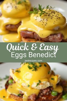 an egg benedict sandwich with bacon and cheese on it is shown in two different pictures