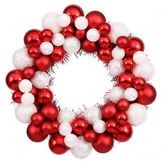 a red and white christmas ornament wreath