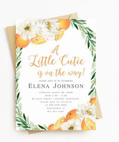 an orange and white floral baby shower is shown with the words, little cutie on the