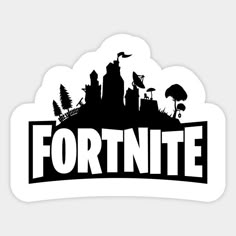 the fortnite sticker is shown in black and white, with trees on it