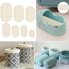 crocheted baskets and containers are shown in three different photos, including one with yarn