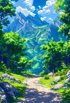 an anime landscape with mountains and trees in the background, as well as a dirt road