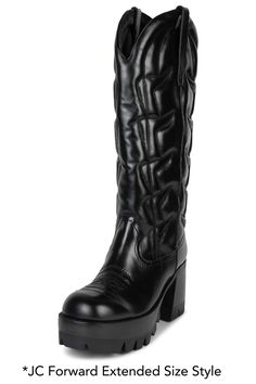 *Our best-seller HONKY-TONK now available in extended sizing. Platform knee-high cowboy boot with lug sole Fits true to size Measurements taken from a size 7 3.5" Heel, 2" Platform 12.5" Shaft, 14" Leg Opening Winter Knee-high Boots For Rodeo, Wide Calf Knee-high Boots For Rodeo In Winter, Western Style Fitted Knee-high Platform Boots, Western-themed Knee-high Heeled Boots For Winter, Western Knee-high Wide Calf Platform Boots, Western Style Knee-high Wide Calf Platform Boots, Fitted Knee-high Boots For Rodeo And Winter, Wide Calf Knee-high Western Platform Boots, Winter Knee-high Boots For Western-themed Events