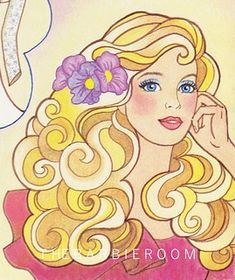 a drawing of a woman with long blonde hair and flowers in her hair is shown