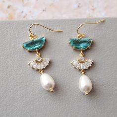 PENELOPE // Gold Aqua Bridal Earrings Pearl Drop Wedding Earrings Art Deco Earrings Pearl Wedding Jewelry Fan Earrings Bridal Jewelry - Etsy UK Something Blue Earrings, Prom Headpiece, Pearl Wedding Jewelry, Earrings Pearl Drop, Jewelry Prom, Brass Components