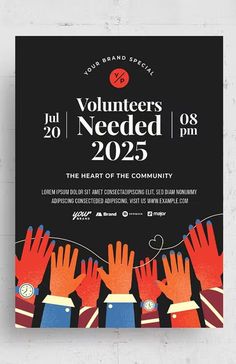 an event poster for volunteers needed on the front of a building with hands reaching out to each other