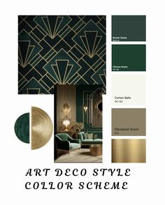 an art deco style color scheme with gold and green