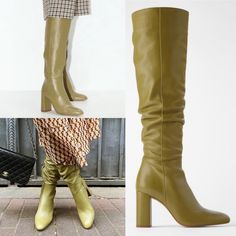 Zara High Leg Over The Knee Leather Block Heel Boots In Khaki Sage - Size 36 = 6 - 9.5” Insole - Pointed Toe - Tall Shaft - Wide Lined Heel - Upper: 100% Cow Leather - Lining: 85% Polyurethane - 15% Polyester - Sole - 100% Vulcanized Rubber - Insole: 100% Goat Leather Airfit. Flexible Technical Sole Made Of Latex Foam Designed To Offer Increased Comfort. Heel Height 3.5 Inches (9 Cm) Shaft Width 7.2 Inches (18.2 Cm) Join Life Care For Planet: Leather Tanned Using The Most Sustainable Methods. Th Black Thigh High Boots, Zara Boots, Zara Heels, Knee High Heels, Glitter Boots, Lug Sole Boots, Velvet Boots, High Heel Boots Knee, Zara Leather