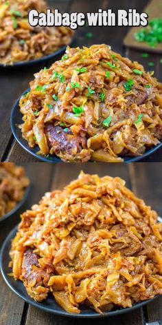 three black plates filled with food on top of a wooden table and the words cabbage with ribs