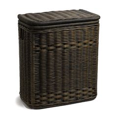 a brown wicker basket with lid