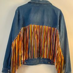 Blue Jean Jacket, Multi Colored Fringe New With Tags. Casual Multicolor Fringed Outerwear, Casual Multicolor Fringe Outerwear, Blue Fringe Outerwear For Spring, Blue Fringe Outerwear For Fall, Green Jean Jacket, Red Denim Jacket, Army Green Jeans, Patchwork Denim Jacket, Navy Denim Jacket