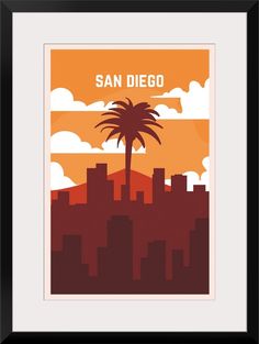 a poster with the words san diego on it and a silhouette of a palm tree