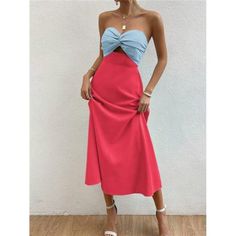 -Item Id 15192293 -Color: Blue -Style: Casual -Pattern Type: Colorblock -Details: Twist, Zipper, Bow Front -Neckline: Strapless -Sleeve Length: Sleeveless -Type: A Line -Waist Line: High Waist -Hem Shaped: Flared -Length: Long -Fit Type: Regular Fit -Fabric: Non-Stretch -Material: Woven Fabric -Composition: 100% Polyester -Care Instructions: Machine Wash Or Professional Dry Clean -Sheer: No **Open To Offers!!!** **Bundle To Save More** **30% Off Bundles Of 2 Or More Items!!** ***Orders Go Out Wi Red Color Block Party Dress, Blue Strapless Midi Dress For Day Out, Strapless Blue Midi Dress For Day Out, Spring Party Color Block Midi Dress, Fitted Color Block Maxi Dress For Spring, Color Block Midi Dress For Party, Fitted Color Block Dress For Day Out, Color Block Fitted Dress For Day Out, Spring Party Color Block Maxi Dress