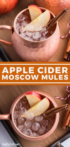 two copper mugs filled with apple cider moscow mules, cinnamon sticks and apples