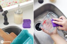 two pictures side by side, one is washing dishes and the other has cleaning sponges