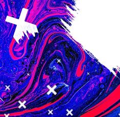 an abstract painting with white crosses on purple and red paint swirls in the background