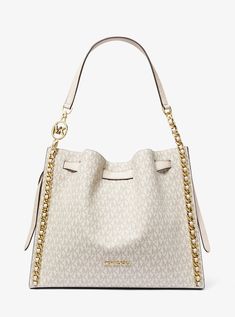 Chic Michael Kors Bag With Logo, Chic Michael Kors Shoulder Bag With Logo, Everyday Chain Link Bags With Gold-tone Hardware, Everyday Bags With Gold-tone Chain Link Hardware, Everyday Bags With Gold-tone Hardware And Chain Link Shape, Michael Kors Shoulder Bag With Logo, Chain Shoulder Bag For Travel, Modern Travel Bag With Chain Detail, Michael Kors Everyday Shoulder Bag With Logo