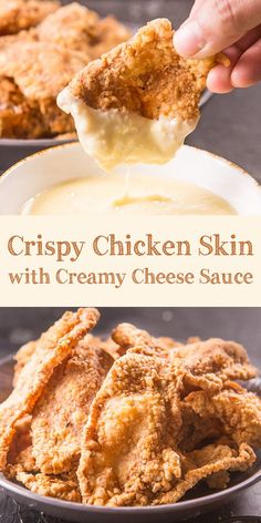 crispy chicken skin with creamy cheese sauce is an easy and delicious appetizer