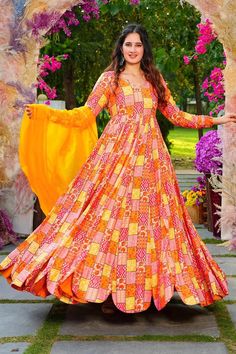 Multi Color Rayon Festive Wear Printed Readymade Anarkali Gown With Du Anarkali Gown With Dupatta, Anarkali Designs, Gown With Dupatta, Ethnic Gown, Designer Outfit, Party Wear Gown, Gaun Fashion, Anarkali Gown, Trendy Dress Outfits