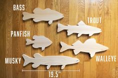 four wooden fish cutouts are shown on a wood floor with measurements for each one