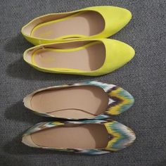 Set Of 2 Old Navy Size 9 Pointed-Toe Flats (New/Never Worn) The Neon Yellow Are A Faux Suede Material, And The Chevron Are More Of A Textured Cloth. Selling As A Set. Yellow Pointed Toe Flats For Summer, Casual Yellow Closed Toe Flats, Navy Shoes, Pointed Toe Flats, Suede Material, Neon Yellow, Yellow Blue, Flat Shoes Women, Blue Yellow