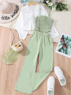 Free Returns ✓ Free Shipping✓. Tween Girl Shirred Cami Top & Flare Leg Pants & Button Up Blouse- Tween Girls Sets at SHEIN. Shein Kids, Trendy Dress Outfits, Shein Outfits, Quick Outfits, Easy Trendy Outfits