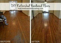 the before and after photos of a hardwood floor cleaning job in an empty house with wood floors