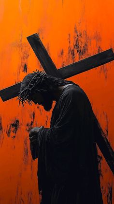 a painting of jesus carrying the cross in front of an orange background