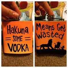 someone is trying to put something in a flask that says, hakuna means get wasted vodka