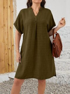 Plus Size Women Solid Color Minimalist Daily Short Sleeve Dress Army Green Casual  Short Sleeve Woven Fabric Plain Tunic Non-Stretch  Women Plus Clothing, size features are:Bust: ,Length: ,Sleeve Length: Plain Tunic, Gym Outfit Men, Women Crew Socks, Fashion Tights, Elegant Dresses Long, Vestido Casual, Boho Women, Kids Sleepwear, Denim Top