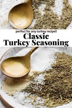 two wooden spoons filled with spices on top of a white plate and the words, perfect for any turkey recipe classic turkey seasoning