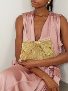 Loeffler Randall's 'Rayne' clutch is a glamorous option for occasions when you just need the essentials. It's made from gold plissé-lamé and topped with an artful bow. Attach the delicate chain strap to carry it hands-free. Gold Evening Bag, Bow Clutch, Embellished Clutch, Bow Bag, Party Clutch, Delicate Chain, Loeffler Randall, Gold Branding, Hands Free