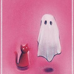 a red cat and a white ghost on a pink background