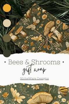 bees and mushrooms gift wrap on a christmas tree