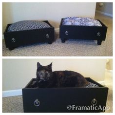 two pictures of a cat laying in a black box on the floor next to a white wall