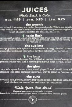 a menu for juices on a blackboard