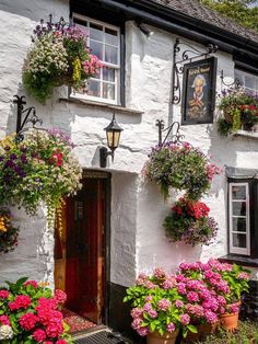 a white building with flowers hanging from it's windows