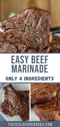 beef marinade on a plate with text overlay that reads easy beef marinade only 4 ingredients