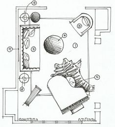 a drawing of a living room with furniture and accessories