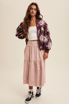 Expertly crafted with quilted floral print and drop shoulder design, our bomber jacket is both stylish and functional. Featuring a zip closure, pockets, and ribbed cuffs and hem, it provides the perfect mix of comfort and convenience. With a polyester fill and lined interior, it's the ultimate outerwear option for any season. Self: 100% Cotton Contrast: 95% Cotton, 5% Spandex Filler: 100% Polyester Lining: 100% Cotton Casual Outerwear With Floral Print And Relaxed Fit, Floral Print Relaxed Fit Outerwear For Fall, Relaxed Fit Floral Print Outerwear For Fall, Spring Floral Print Outerwear For Loungewear, Spring Outerwear With Relaxed Fit And Elastic Cuffs, Spring Outerwear With Elastic Cuffs And Relaxed Fit, Relaxed Fit Spring Outerwear With Elastic Cuffs, Spring Outerwear With Elastic Cuffs, Spring Cotton Outerwear With Elastic Cuffs