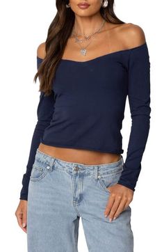 A cotton-kissed casual top adds sultry vibes with a shoulder-showcasing silhouette. Off-the-shoulder neck Long sleeves 45% cotton, 45% polyester, 10% spandex Machine wash, dry flat Imported Off Shoulder V Neck, Wedding Guest Coats, Vince Clothing, Off The Shoulder Long Sleeve, V Neck Top, Cocktail Dress Party, V Neck Tops, S Models, Long Sleeve Top