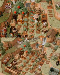 an aerial view of a garden with lots of potted plants and animals in it