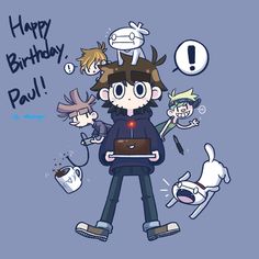 a cartoon character holding a laptop surrounded by cats and dogs, with the caption happy birthday paul