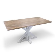 a wooden table with white cross legs on an isolated white background for use in interior design