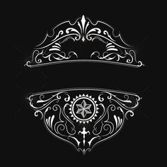 two ornate designs on a black background, each with a star and cross in the center