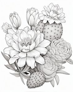 a drawing of flowers and cacti on a white background