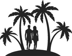 a man and woman are standing in front of two palm trees on an island silhouetted against a white background