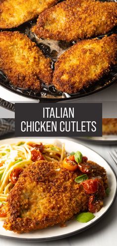 chicken cutlets with spaghetti and tomato sauce on the side are shown in this collage